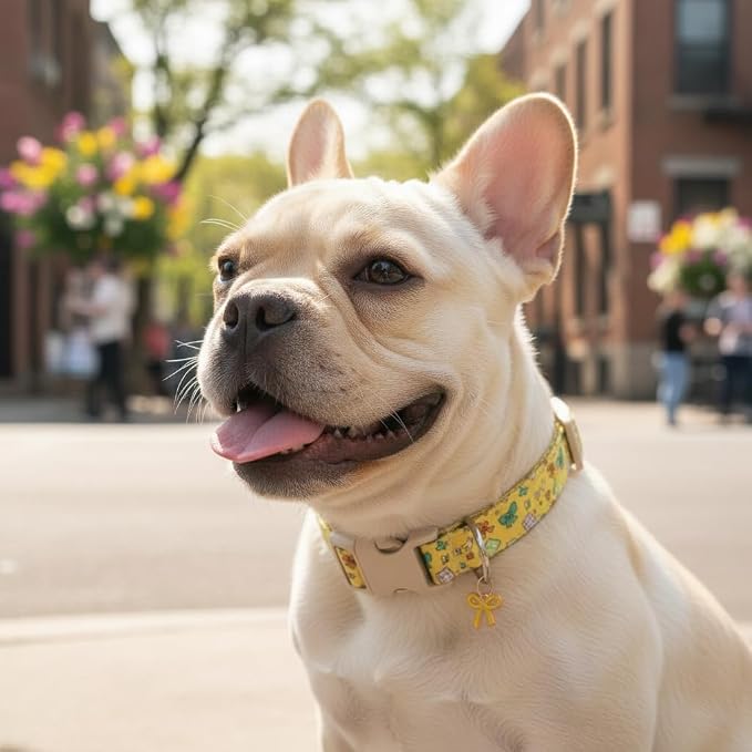 Small Dog Collar with Cute Bowtie Print, Girl Dog Collar for Puppy, Extra Small & Small Dogs, Spring Summer Yellow Puppy Collar with Pendant and Soft Fabric, XS