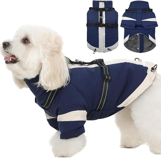 Turtleneck Dog Coat with Harness Built in - S,Soft Warm Lining | Adjustable Reflective Harness Coats for Small Dogs,Snow Day Water-Repellent,Windproof & Cold-Resistant Jacket (Navy-Blue)