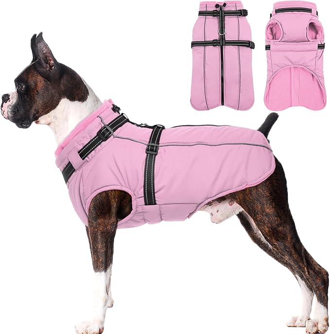Lelepet Dog Coat for Large Dogs Waterproof Dog Jacket with Harness Built in Windproof Reflective Fleece Jacket with Zip Warm Winter Coats for Dogs Cozy Thermal Pet Snowsuit, Border Collie, Pink, XL