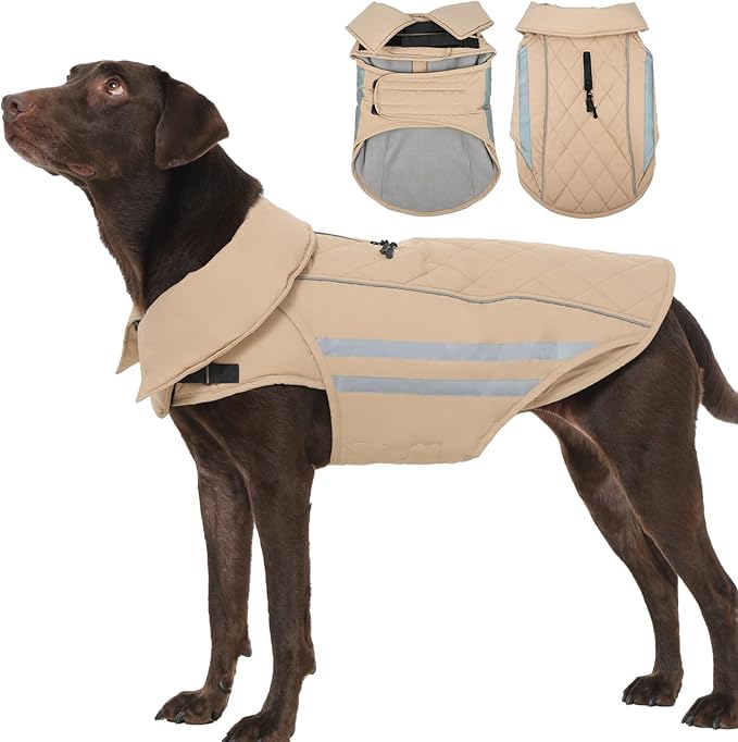 Dog Coat for Large Dogs Winter Waterproof Dog Jacket with Harness Reflective Turtleneck Hook & Loop Snowsuit Warm Fleece Snow Jackets Thermal Cold Weather Coats, Khaki 3XL