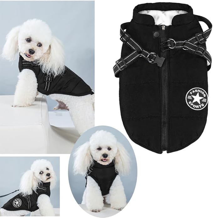 Aiboria Dog Coat for Winter Waterproof Dogs Jackets Windproof Fleece Dog Vest Harness Winter Warm Padded Pet Black 3XL