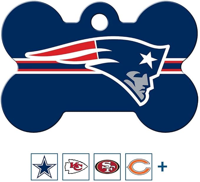 GoTags Personalized New England Patriots Dog Tag, Brass Metal Bone Shape Pet ID Tag Engraved with Name and Custom Text, Every NFL Football Team Pet Apparel (Large)