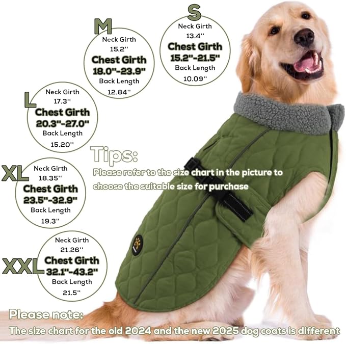 Dog Winter Coats, Fleece Lining Winter Coats for Dogs, Adjustable Windproof Dog Cold Weather Coat, Quick Release Buckle Puppy Jacket for Small Medium Large Dogs, Green S