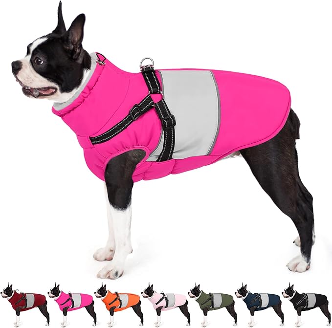 AOFITEE Small Dog Coat, Dog Winter Coat with Harness Built in, Warm Dogs Jacket with Zipper & Polar Fleece Collar, Waterproof Pet Snow Jacket Snowsuit for Schnauzer, Chihuahua Yorkshire, S