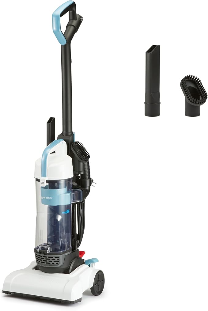 Amazon Basics Upright Bagless Vacuum Cleaner for Carpet and Hard Floors, Washable Filter, Crevice and Upholstery Tools, Detachable Handle, Lightweight, 1.7L Dust Cup, 25ft Cord, Black/White