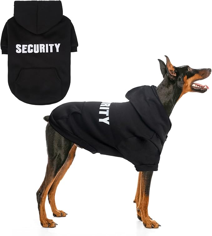 SCENEREAL Security Dog Hoodie Sweater for Large Medium Small Dogs, Embroidered Dog Clothes with Hat Pockets and Leash Hole, Soft Warm Fleece Pets Cold Weather Halloween Costumes for Boys Girls