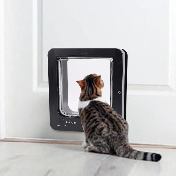 Jiawu Cat Door, Smart Sensing Collar Activated Pet Door with 4 Way Locking, Remote Control, 2 Magnetic Collars, and Easy to Clean Plastic, Electronic Cat for Interior and