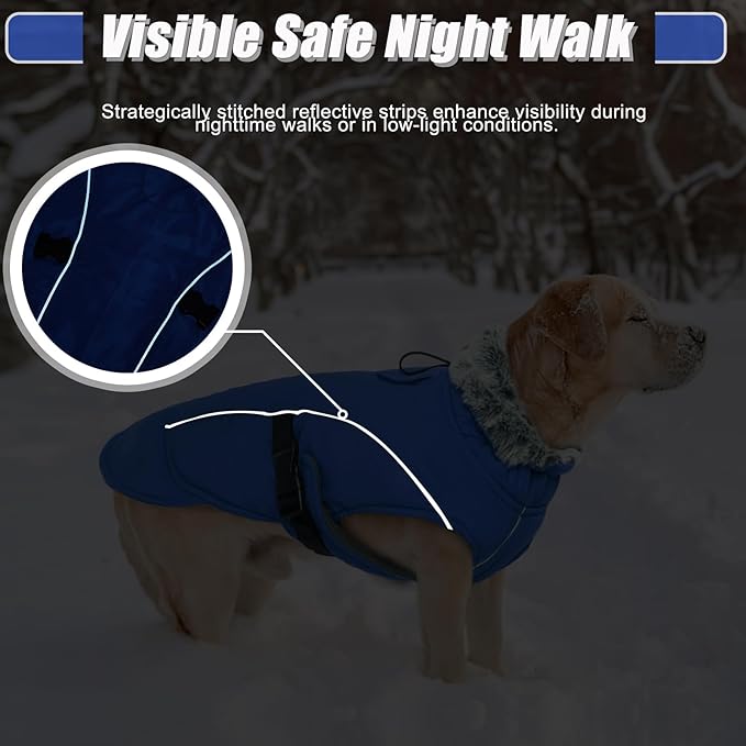 DENTRUN Winter Warm Dog Coat Reflective Jacket with Turtleneck for Cold Weather, Adjustable Buckle Windproof Water Repellent, Thick Snowsuit Fleece Vest for Small, Medium, Large Dogs, Blue, XXXL