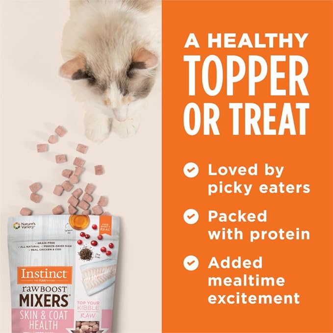 Instinct Raw Boost Mixers, Freeze Dried Cat Food Toppers with Functional Ingredients, Grain Free, Real Chicken - Skin & Coat Health, 5.5 oz Bag