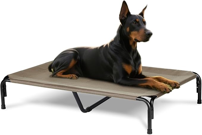 PVY Elevated Dog Bed for Outdoor, XXXL Raised Dogs Cot with Washable Mesh, Cooling Pet Beds Chew Proof Dog Hammock, Metal Frame Lifted Platform for Training Outside Camping, 59 inch Brown