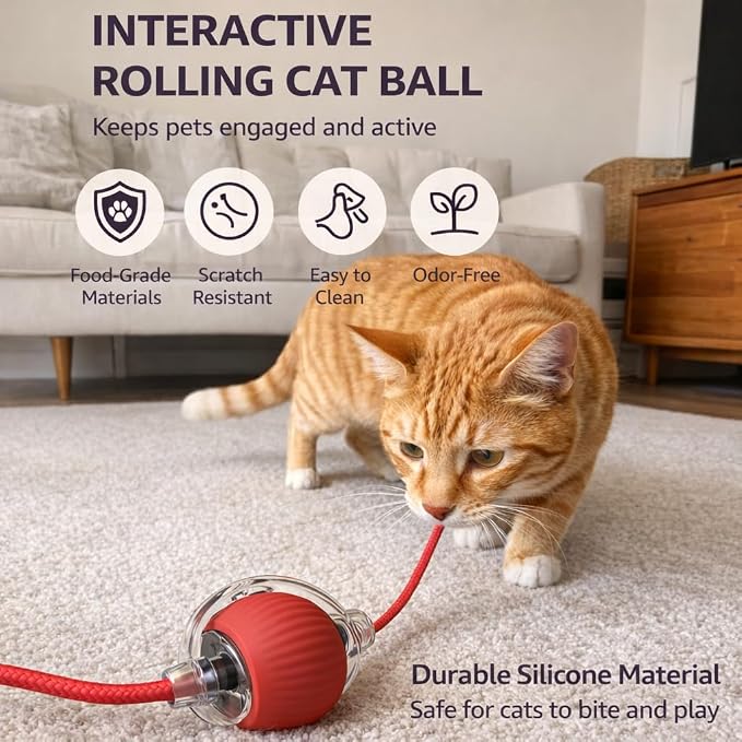 Interactive Rolling Cat Ball Toy with String, Motion Activated Automatic Cat Toy, USB Type C Rechargeable LED Light Pet Toy for Indoor Cats (Red)
