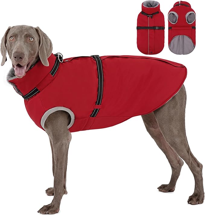AOFITEE Dog Coat, Warm Dog Winter Jacket with Harness Built in, Waterproof Pet Snow Coat with Zipper on Back, Fleece Pet Sweater Puffer Jacket Snowsuit for Extra Large Dogs, Christmas Red XXXL