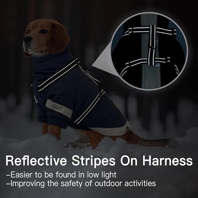 Dog Winter Coat with Adjustable Reflective Harness Built in -M | Turtleneck Water-Repellent Coats with Sleeves for Small Dogs Boy,Cold Weather Clothes,Warm Jacket for Schnauzer (Navy-Blue)