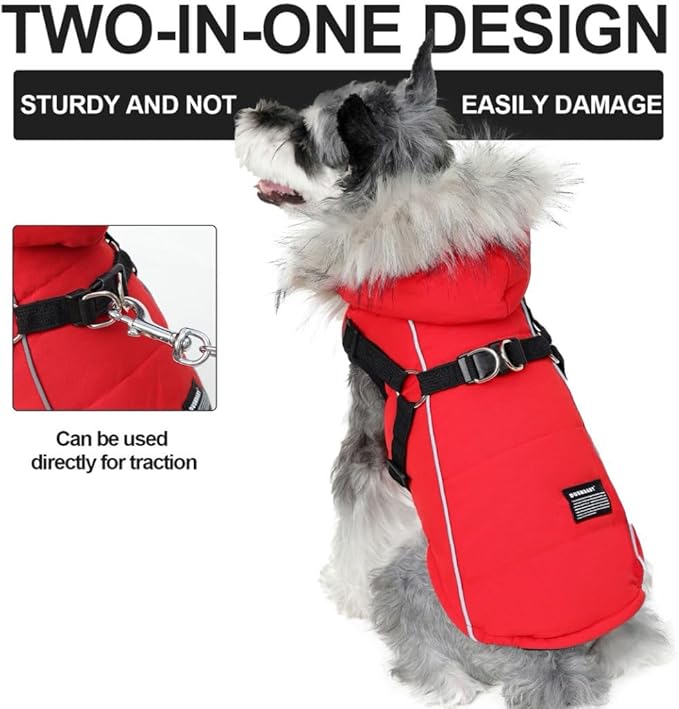 PINA Dog Coat with Built in Harness, Dog Jacket with Faux Fur Hood, Dogs Vest with Reflective Strap for Small Medium Large Dogs, Red, XL