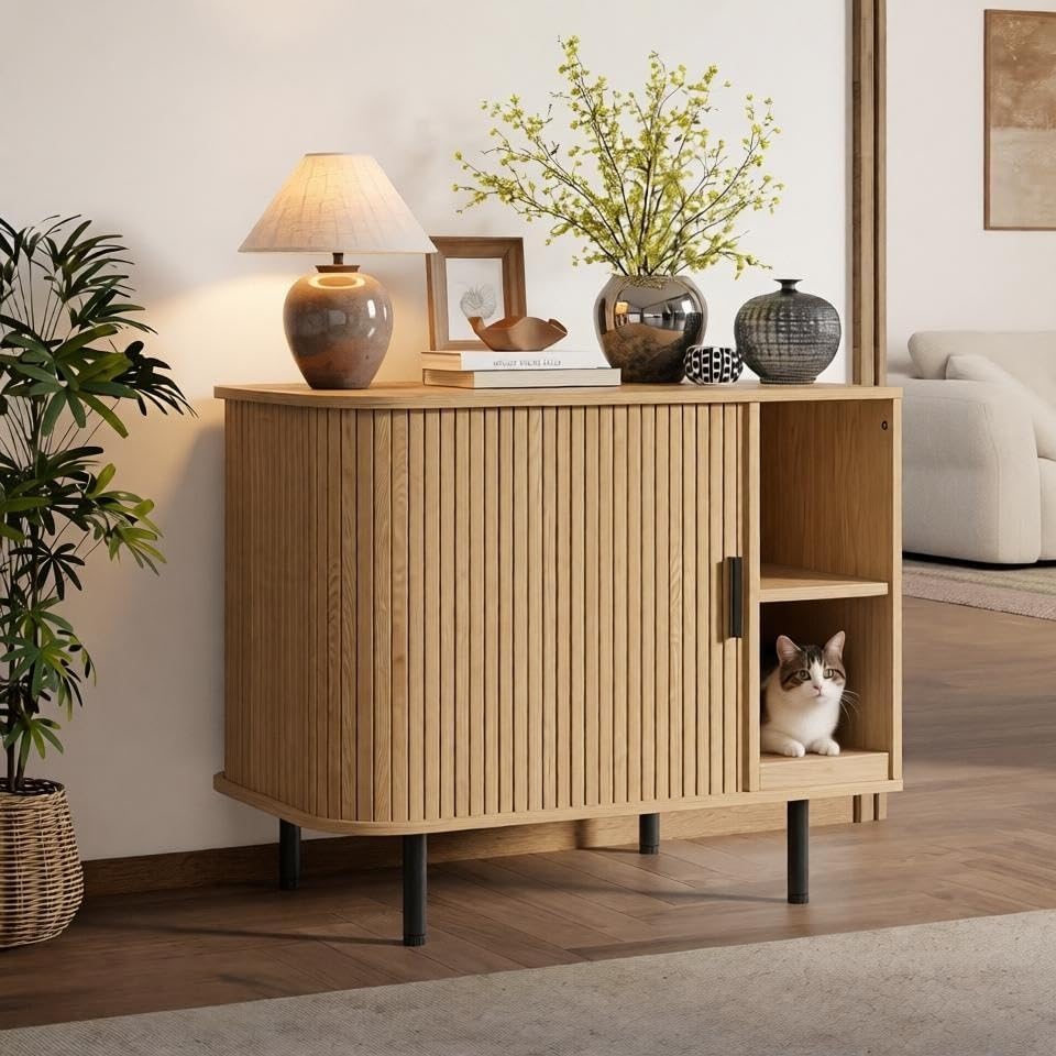 Cat Litter Box Enclosure, 31.8" Kitty Hidden Litter Box Furniture with Scratch Pad, Modern Indoor Cat House, Sliding Door, Adjustable Shelf for Dog Proof, Natural
