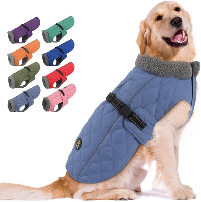 Winter Dog Coats, Warm Fleece Pet Winter Coat for Small, Medium and Large Dogs, Adjustable Dog Jacket with Nylon Buckle, Water Resistant Reflective Safety Coats for Doggie, Blue M