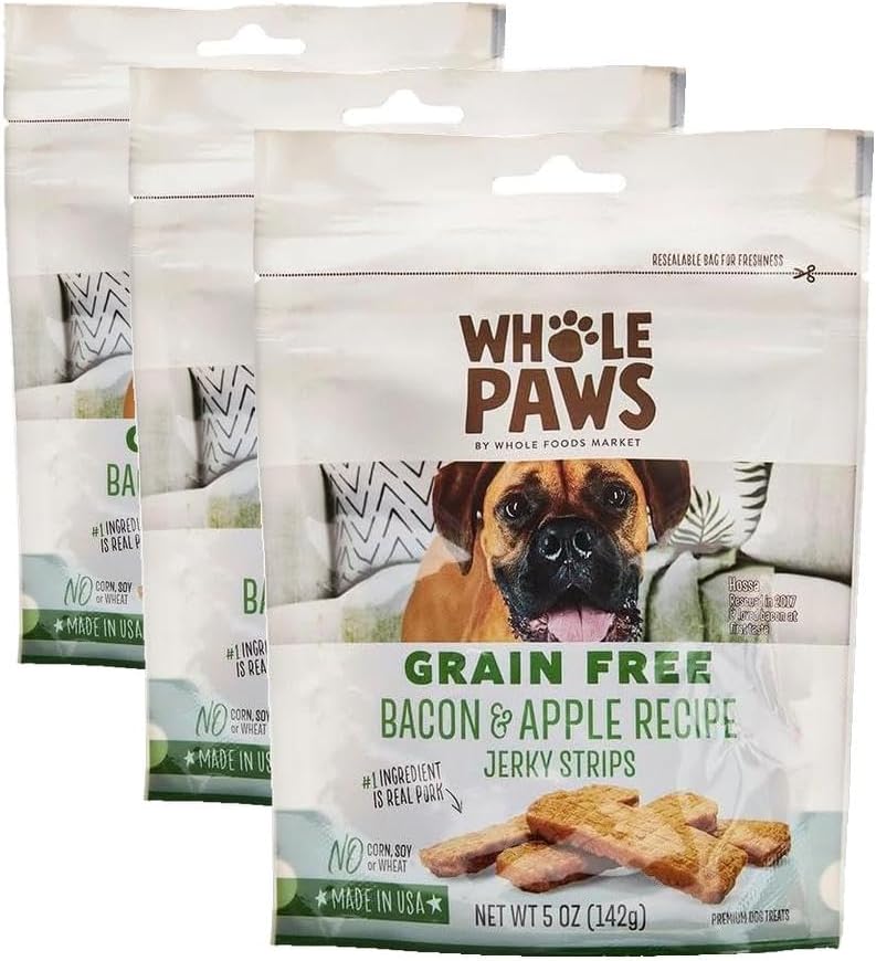 Whole Paws, Grain-Free Jerky Dog Treats, Bacon & Apple Recipe, 5 Ounce (Pack of 3)