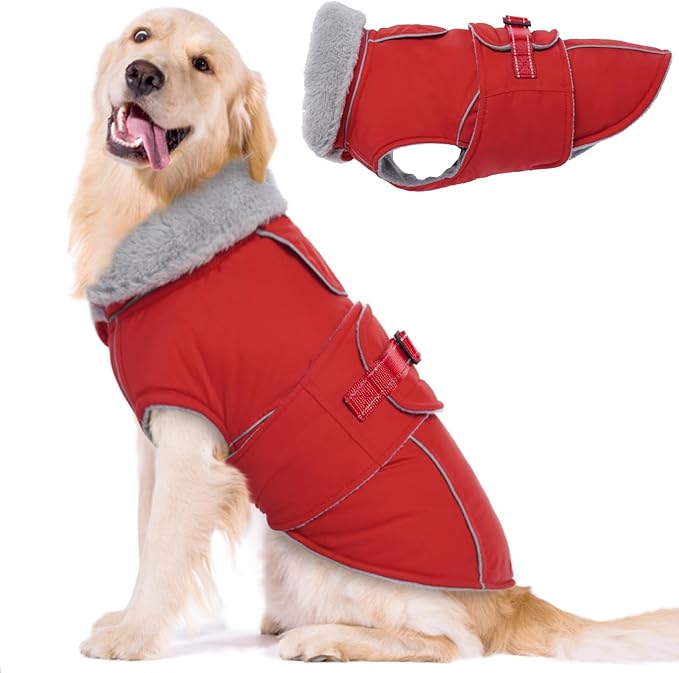 Lelepet Warm Dog Coat Waterproof Dog Jacket Reflective Fleece Vest with Adjustable Buckle Hook & Loop, Windproof Winter Jacket Dogs Coats for Small Medium Large Dogs, Red, XL