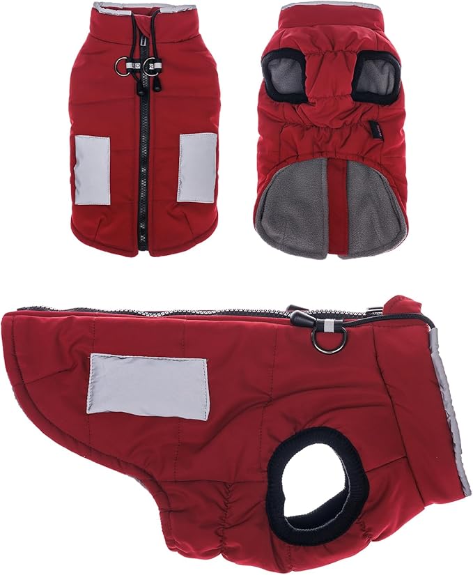 Dog Jacket with Harness Built in, Dog Coat with Water-Repellent Shell, Reflective Panels, Warm Fleece Lining, Winter Snowsuit Sweater for Small Medium Large Dogs (Red, XX-Large)