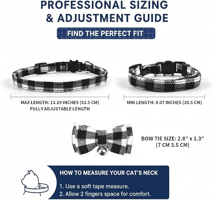 Plaid Breakaway Cat Collar with Bell & Removable Bow Tie – Cotton Kitten Collar with Bells for Boy Cats or Small Dogs. Adjustable Size 8-13.2in (Navy)