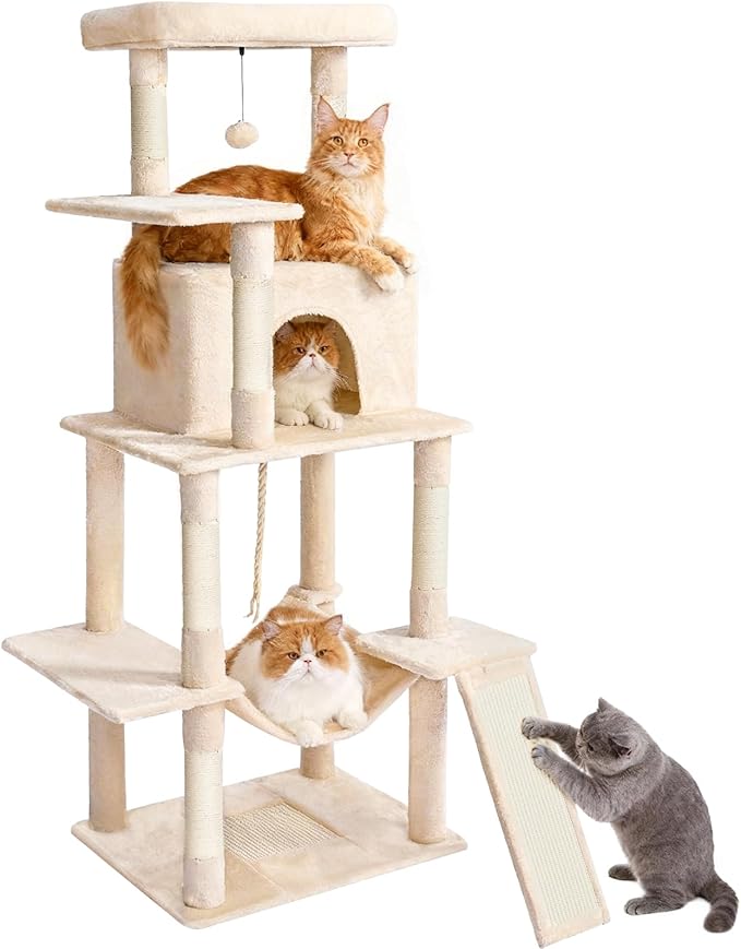 ABCPET Cat Tree Tower 63in Multi-Level Cat Tower for Indoor Cats with Sisal Scratching Posts, Condo, Hammock, Dangling Ball and Extended Platform for Cats to Play, Beige