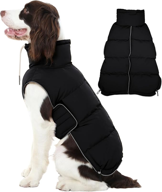 FUAMEY Dog Puffer Jacket for Large Dogs,Dog Cold Weather Coats Dogs Down Jackets Waterproof Pet Snowsuits Warm Puppy Winter Vest Turtleneck Pets Adjustable Jackets Coats Black XL