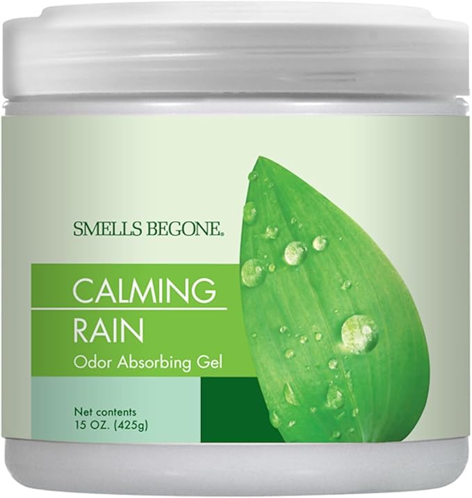 SMELLS BEGONE 15oz Gel Odor Eliminator - Absorb & Remove Tough Odors in Pet Areas, Bathrooms, Basements, Garage, Cars, RVs & Boats - Eliminate Odor with Essential Oils (Calming Rain)