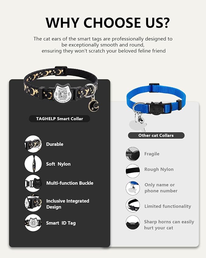 Star & Moon Breakaway Cat Collar with QR Code Tag (Pink & Purple) | Reflective Nylon, Quick-Release Buckle，Smart
