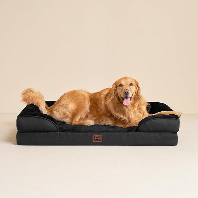 EHEYCIGA Orthopedic Dog Beds for Large Dogs, Waterproof Memory Foam Large Dog Bed with Sides, Non-Slip Bottom and Egg-Crate Foam Pet Couch Bed with Washable Removable Cover, Black