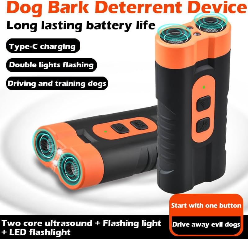 Dog Bark Deterrent Device Rechargeable,Anti Bark Tool for Dogs,Ultrasonic Dual Emitter 50ft Safe Correction Tools to Control Dog's Bark 25KHz,Trainer Barking Silencer Indoor&Outdoor with Flashlight