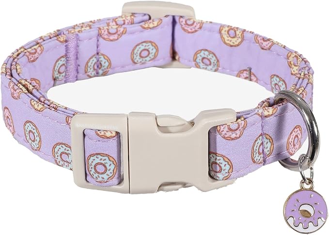 Girl Dog Collar with Unique Purple and Donut Print, Cute Dog Collar for Spring & Summer, Adjustable Pet Collar for Small Dogs