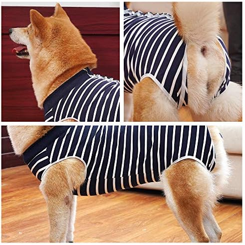 Dog Recovery Suit Abdominal Wound Puppy Surgical Clothes Post-Operative Vest Pet After Surgery Wear Substitute E-Collar & Cone(XXXL, Blue Stripe)