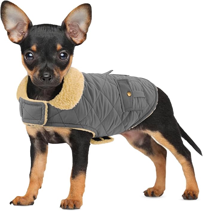 Dog Winter Coat for Small Dogs, Puppy Plaid Jacket, Pet Coat for Cold Weather, Windproof Warm Dog Jackets, Pet Thickened Outfits Indoor Outdoor, Grey S