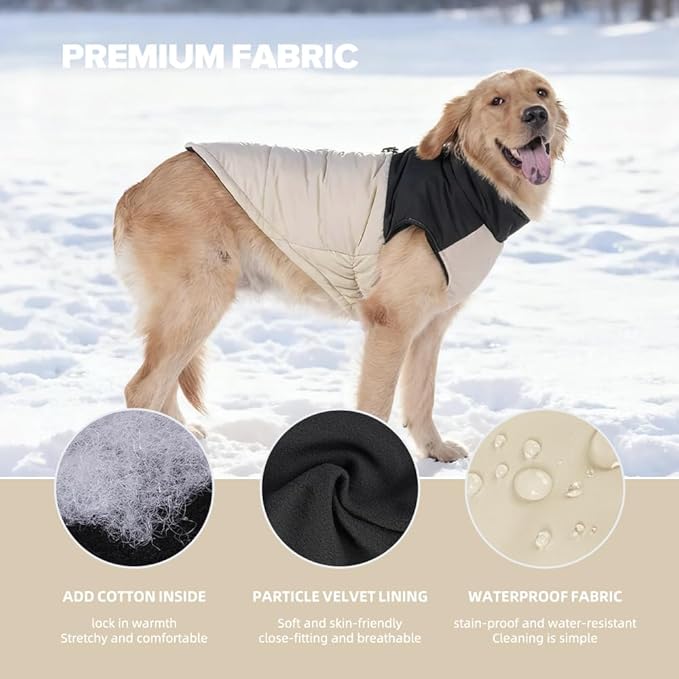 Dog Coat, Waterproof Dog Winter Jacket in Puppy Cold Weather Windproof Coats Reflective Pet Vest, Zip-Up Cold Weather Coats for Small Medium Dogs (Beige and Black, L)