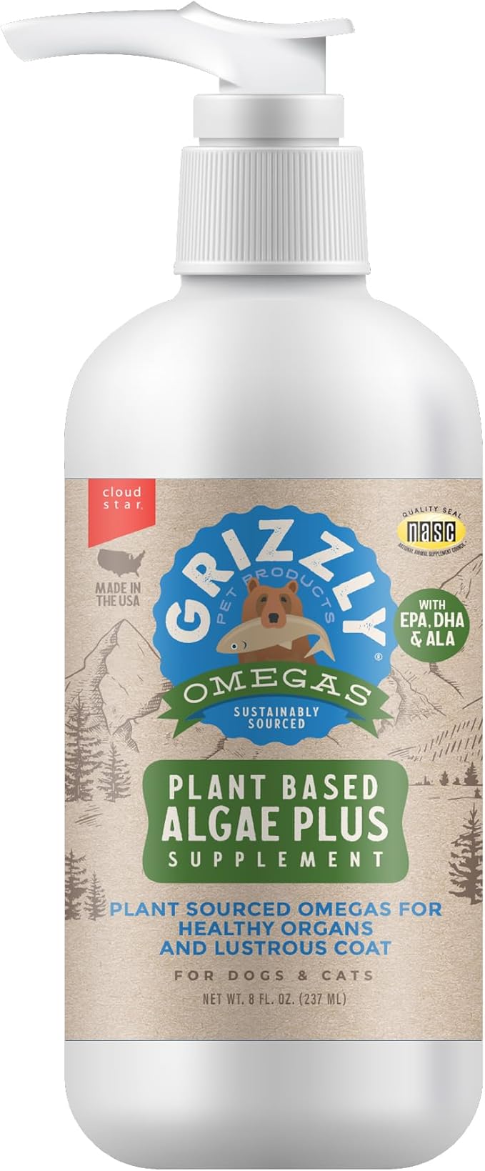Grizzly Pet Products Algal Plus Omega 3-6-9 Food Supplement for Dogs and Cats, 8 Ounce Bottle