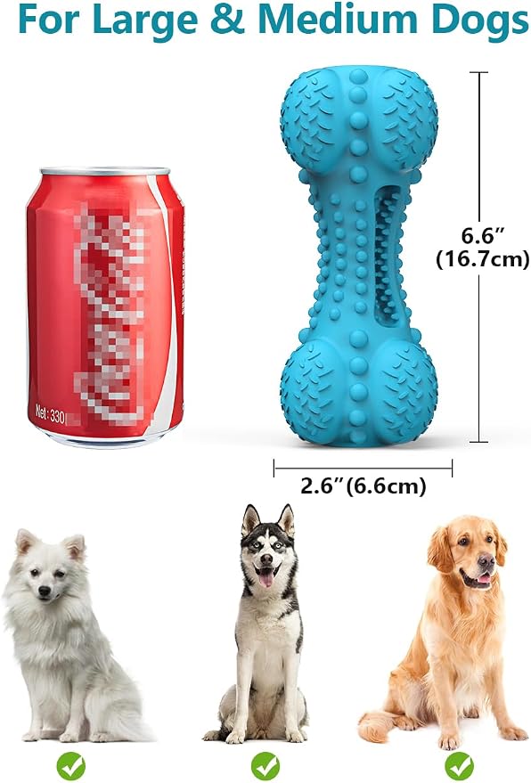 SCHITEC Two Squeaky Dog Chew Toy for Aggressive Chewers Large Breed, Tough Indestructible Rubber Bone with Toothbrush for Big Medium Dogs Teeth Cleaning, Blue and Orange