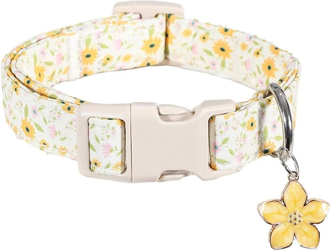 Dog Collar, Unique Floral Dog Collar Girl, Spring Summer Design Pet Collar with Cute Charm, Quick Release Buckle and Durable Fabric, Suitable for Small, Medium and Large Dogs