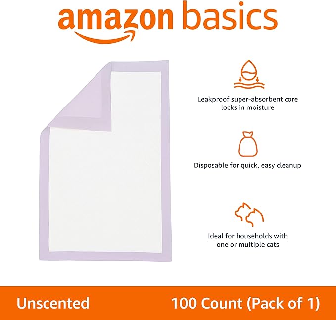 Amazon Basics Cat Pee Pads, 100 Count, Universal Fit for Litter Box, Odor Control, Unscented, White/Purple