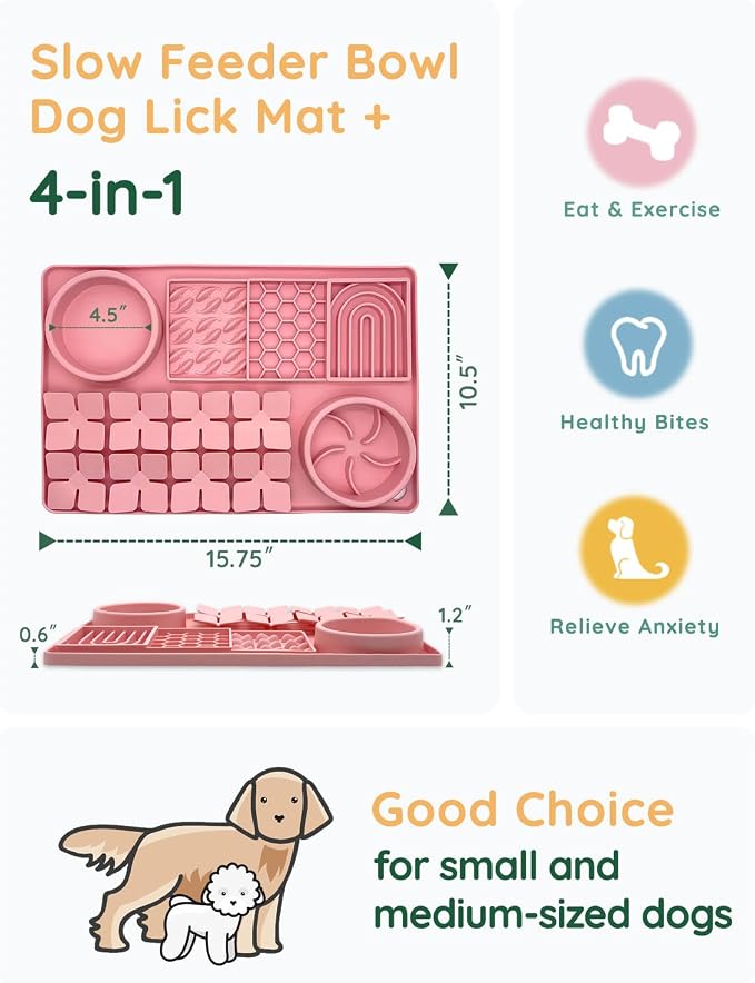 Slow Feeder Bowl, Silicone Lick Mat with Suction Cups for Dog Cat, Snuffle Mat for Pet Smell Training, Puzzle Toys for Bored Puppy, Interactive Sniff Mat for Slow Eating and Keep Busy, Pink