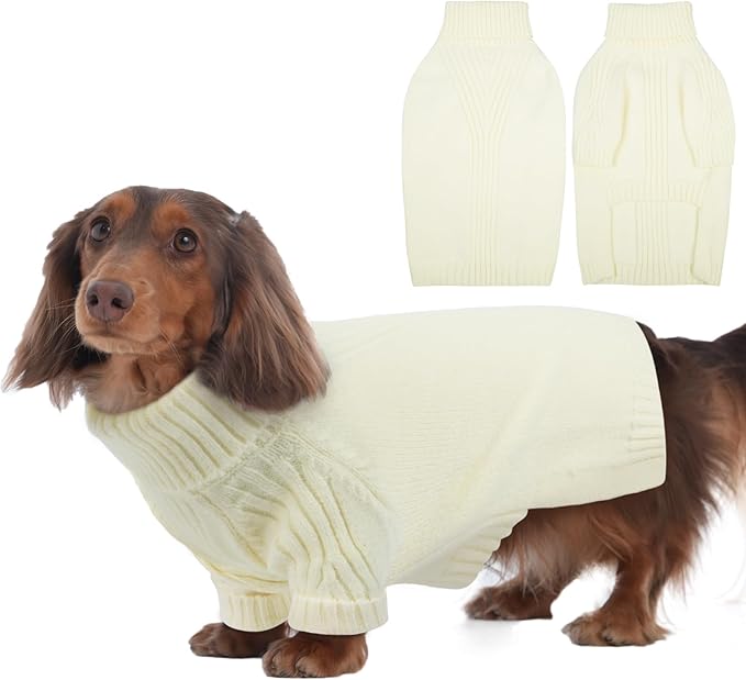 IECOii Dachshund Sweater,Turtleneck Dog Sweater for Small Medium Dogs Girl Boy,Stretchy & Breathable,Warm Knitted Pullover Coat,High Neck Knitwear for Cold Weather Indoor & Outdoor Wear (White, M)