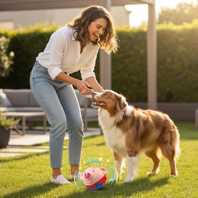 Interactive Dog Toys with Music, Active Moving Pet Plush Toy,Rechargeable Squeaky Dog Ball Toy with Talking Sound,Washable Cartoon Pig Plush Toy for Dogs (A)