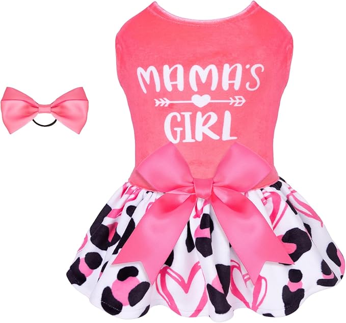 CuteBone Dog Dresses Velvet Mama's Girl Small Dogs Clothes Onesie Pet Apparel Girl Puppy Skirt with Bow Hair Rope CVA40XS-D