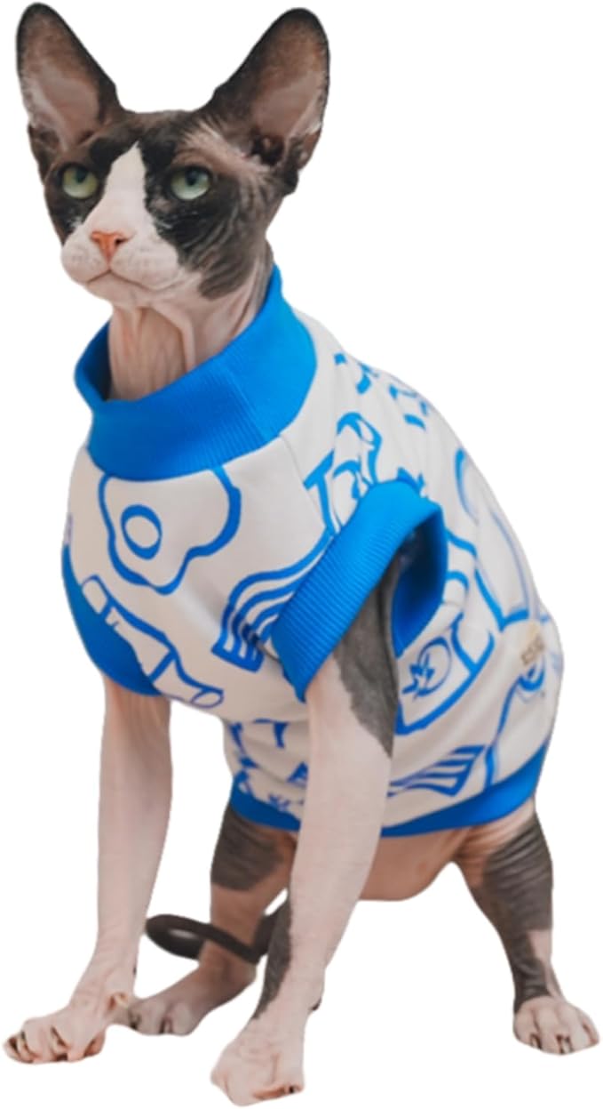 Sphynx Hairless Cat Summer Cotton T-Shirts Cat Vest Pet Clothes, Round Collar Vest Kitten Shirts Sleeveless, Cats & Small Dogs Apparel (Breakfast, M (5.5-7 lbs))