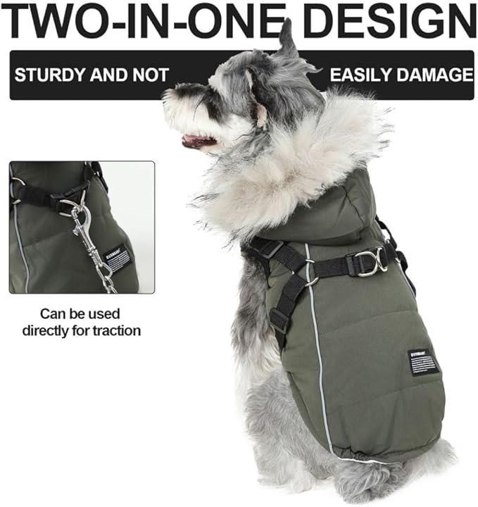 PINA Dog Coat with Built in Harness, Dog Jacket with Faux Fur Hood, Dogs Vest with Reflective Strap for Small Medium Large Dogs, Green, 2XL