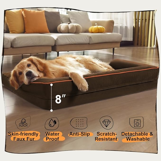 Large Dog Bed Orthopedic Washable - Beds Bolster - Waterproof with Removable Cover - Extra XL XLarge Big Dogs - Memory Foam Couch Sofa - Coffee Dog Bed