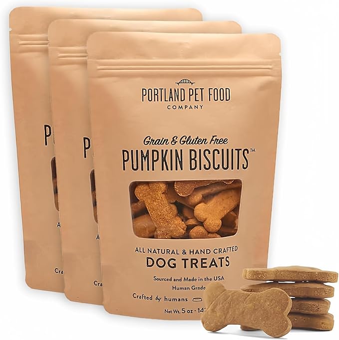 Portland Pet Food Company Pumpkin Dog Treats Healthy Biscuits for Small Medium & Large Dogs - Grain-Free, Human-Grade, All Natural Cookies, Snacks & Training Treats - Made in The USA - 3 Pack (5 oz)
