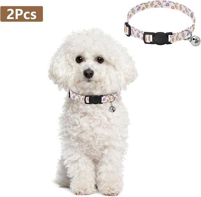 Watercolor Tulips White Collar for Puppy, 2 Pack Dog Bell Collar