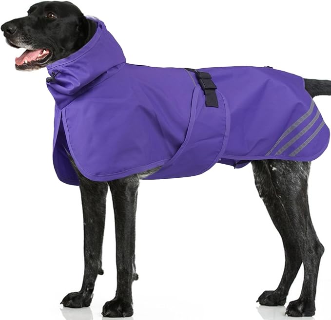 IECOii Waterproof Dog Raincoat with Reflective Strips - Adjustable Dog Rain Jacket for Small Medium Large and Giant Dogs, Windproof Pet Rain Coat with Hood for Outdoor Walking, Hiking, Purple