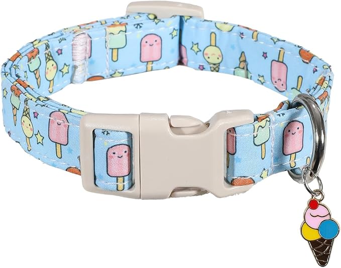 Small Dog Collar, Cute Dog Collar with Ice Cream Print and Charm for Girls Boys Dogs, Adjustable Blue Pet Collar for Small Dogs, Spring Summer Design Collar, S