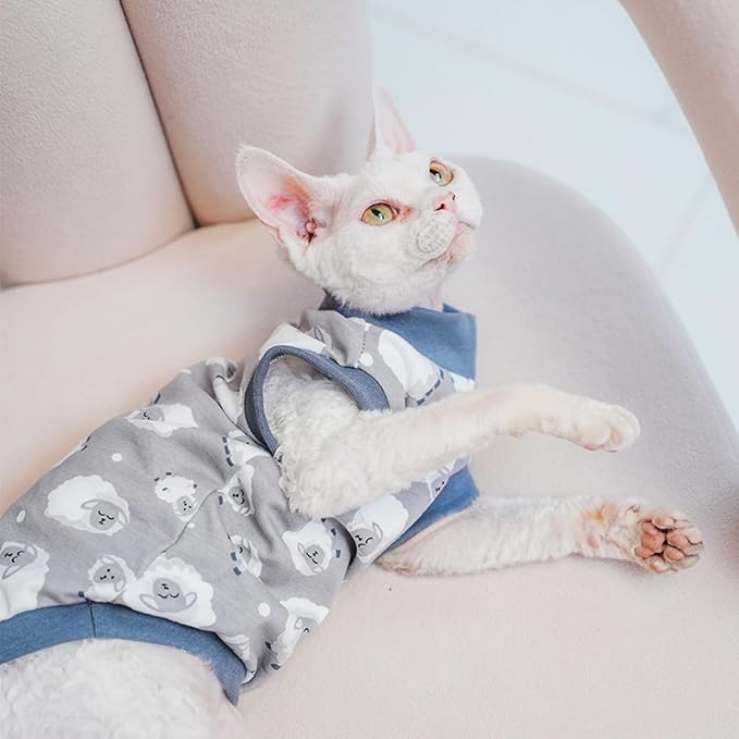 Sphynx Hairless Cat Summer Cotton T-Shirts Cat Vest Pet Clothes, Round Collar Vest Kitten Shirts Sleeveless, Cats & Small Dogs Apparel (Sheep, L (7.5-8.8 lbs))